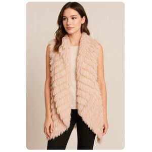 Cupio Sweater Pink Shaggy Faux Fur Waterfall Vest Sleeveless Jacket Womens M